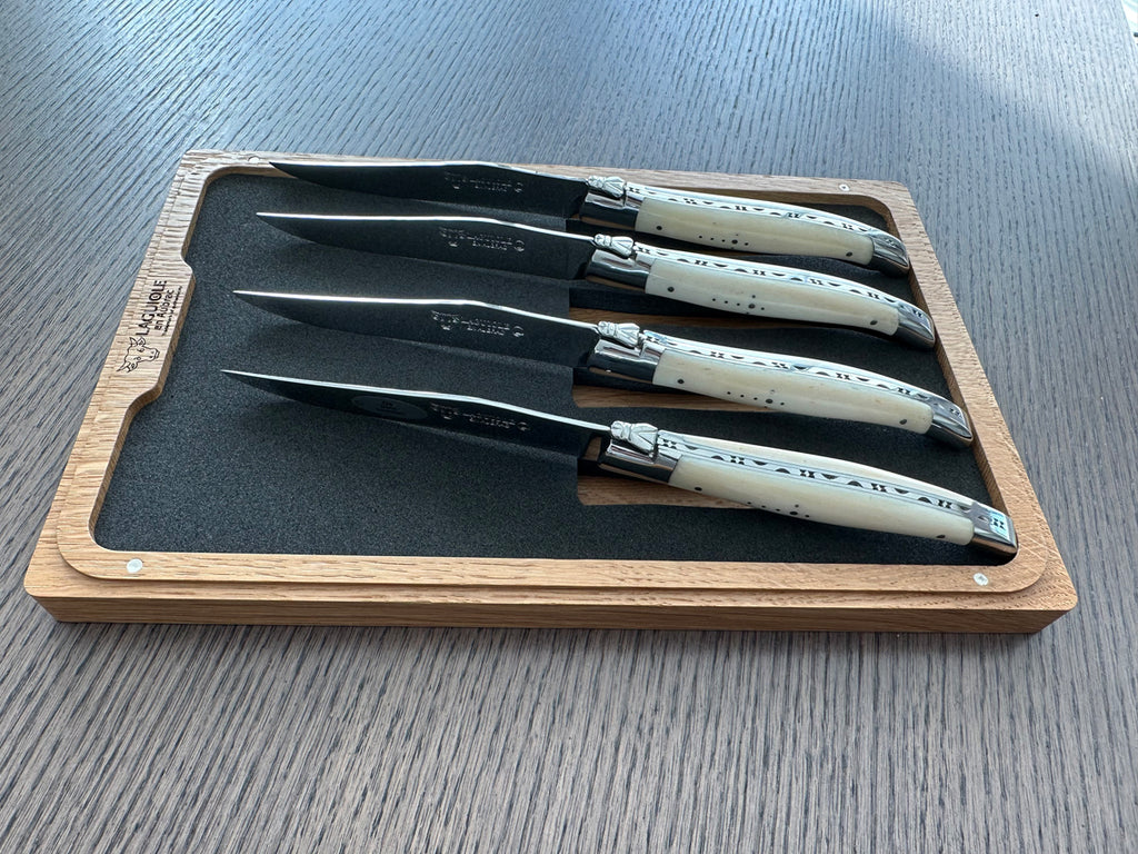 Laguiole en Aubrac Handcrafted 4-Piece Steak Knife Set with Zebu Bone Handles, Polished Bolsters - LaguioleEnAubracShop