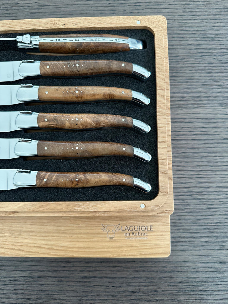 Laguiole en Aubrac Handcrafted Plated 6-Piece Steak Knife Set with Teak Wood Handles, Polished Bolsters - LaguioleEnAubracShop