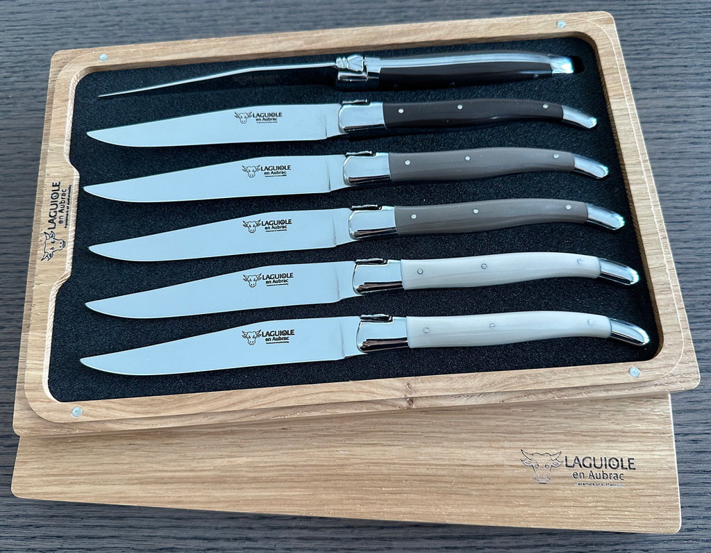 Laguiole en Aubrac Handcrafted Plated 6-Piece Steak Knife Set With Mixed Corian Handles - LaguioleEnAubracShop