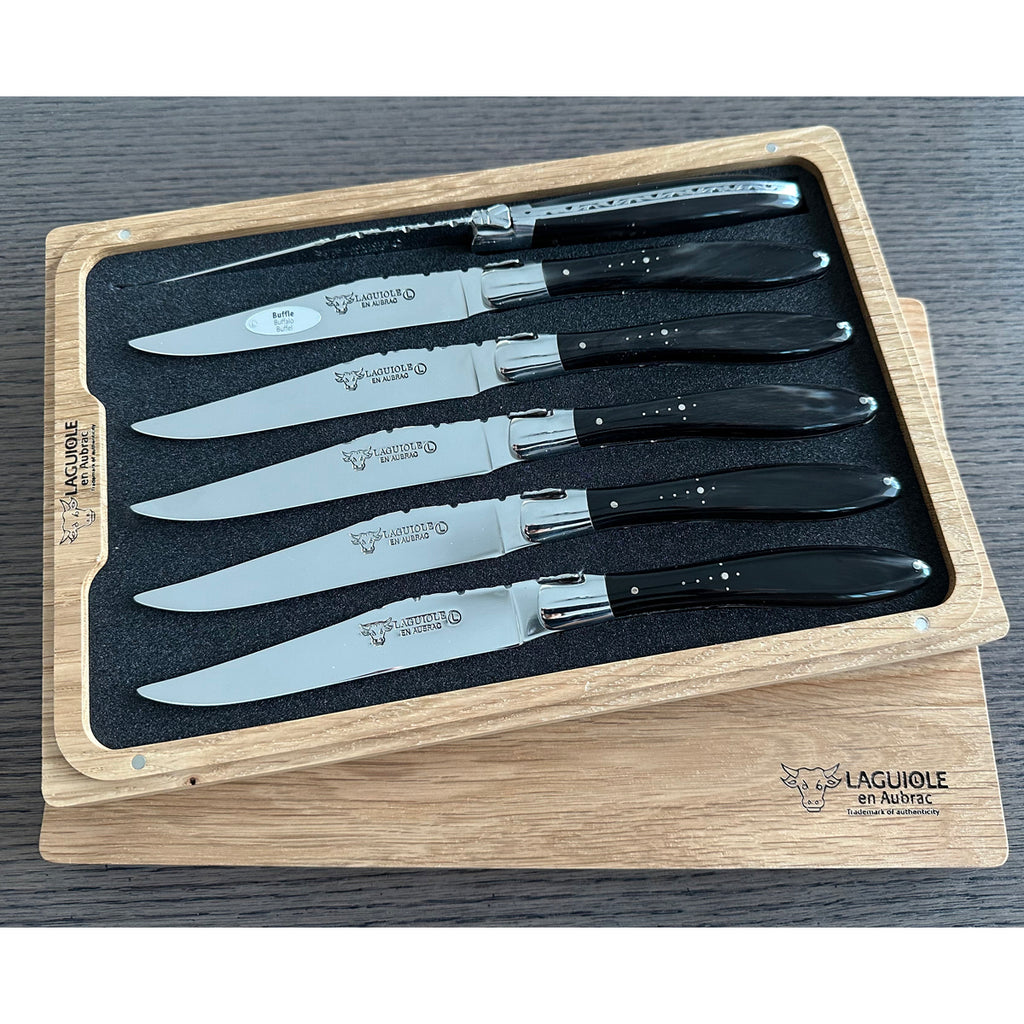 Laguiole en Aubrac Handcrafted Plated 6-Piece Steak Knife Set With Buffalo Horn Handles - LaguioleEnAubracShop