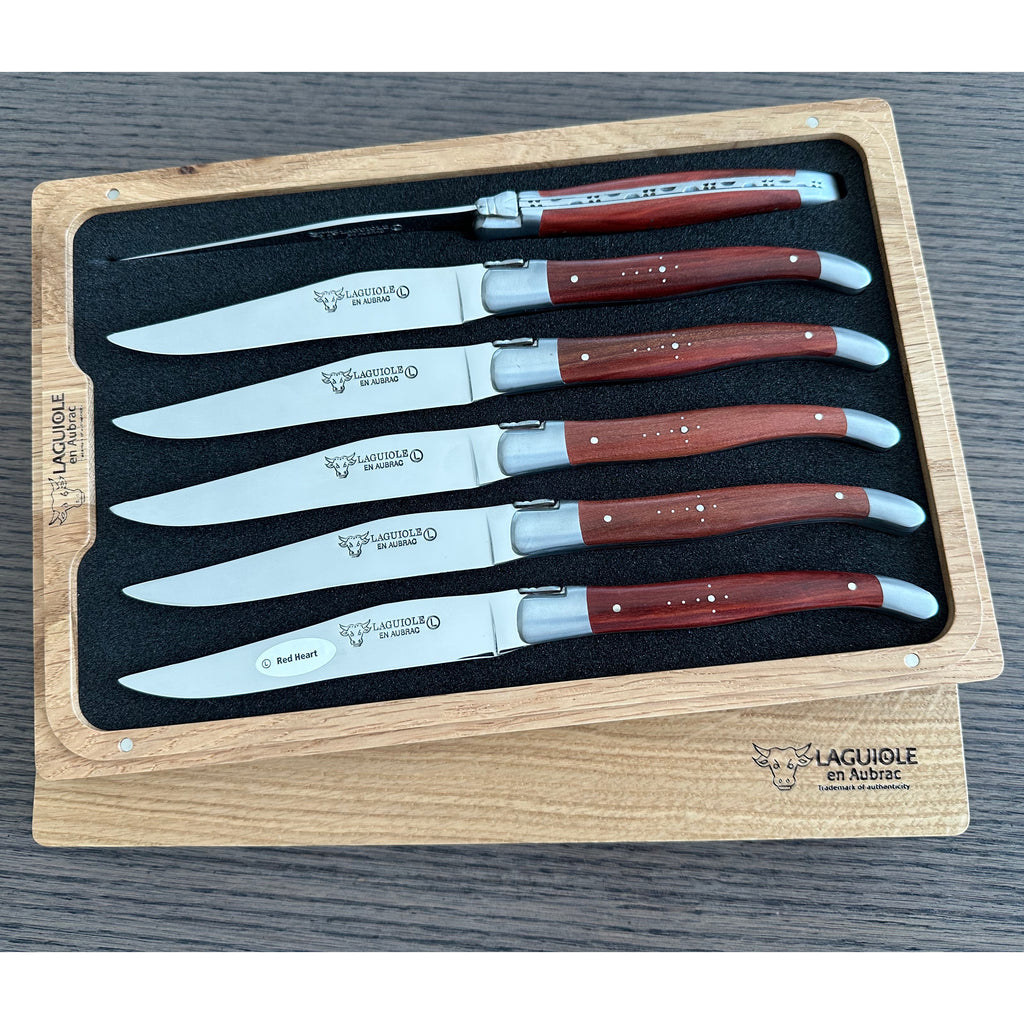 Laguiole en Aubrac Handcrafted Plated 6-Piece Steak Knife Set With Red Heart Wood Handles, Brushed Bolsters - LaguioleEnAubracShop