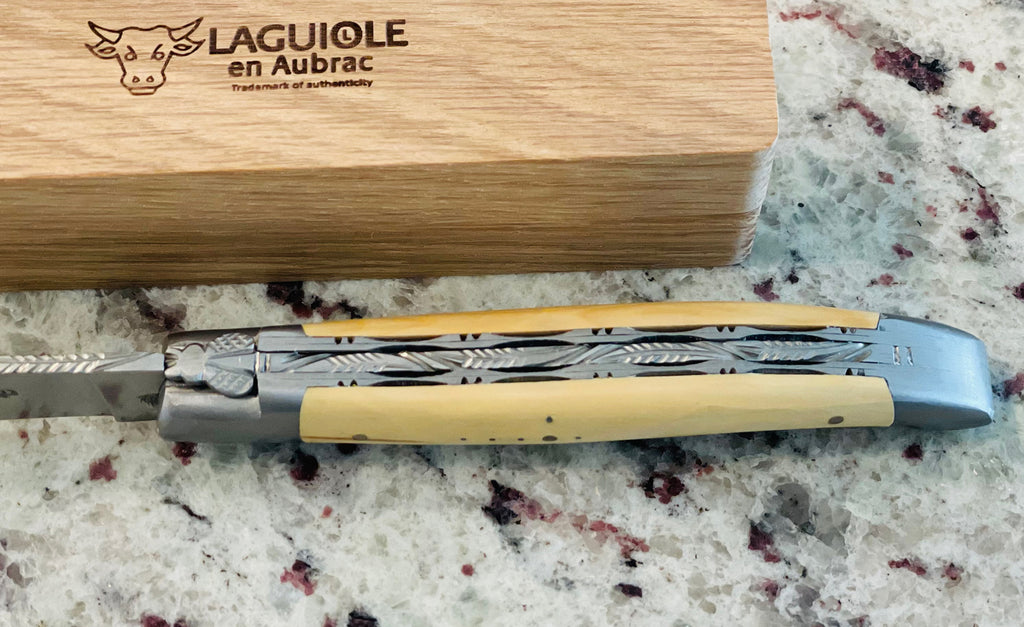 Laguiole en Aubrac Handcrafted Double Plated Multipurpose Knife Stainless Steel Bolsters, Boxwood Handle From Chateau de Chantilly, 4.75-Inches - LaguioleEnAubracShop