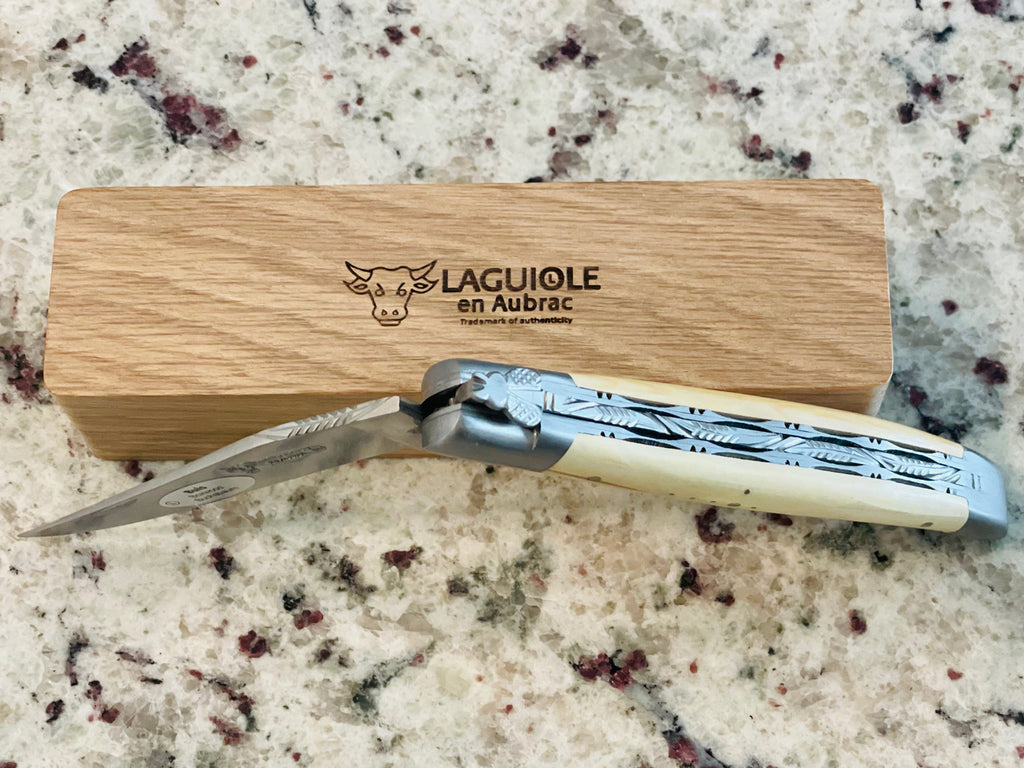 Laguiole en Aubrac Handcrafted Double Plated Multipurpose Knife Stainless Steel Bolsters, Boxwood Handle From Chateau de Chantilly, 4.75-Inches - LaguioleEnAubracShop