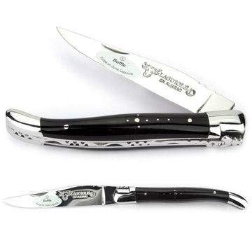 Laguiole en Aubrac Handcrafted Plated Multipurpose Knife, Buffalo Horn Handle, 4.33 inches - LaguioleEnAubracShop