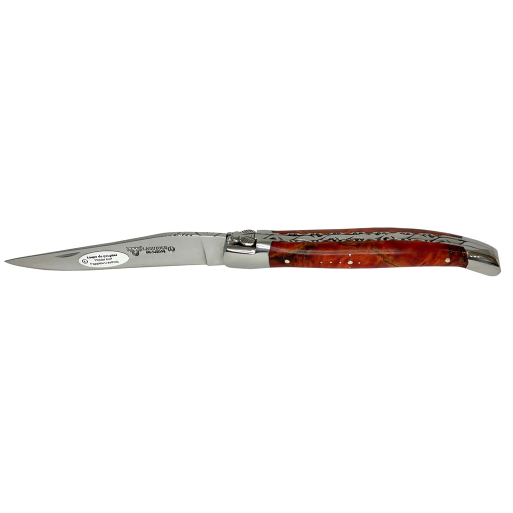 Laguiole en Aubrac Handcrafted Double Plated Multipurpose Knife with Stabilized Red Poplar Burl, 4.75-Inches - LaguioleEnAubracShop