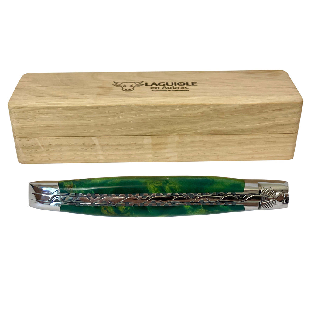 Laguiole en Aubrac Handcrafted Double Plated Multipurpose Knife with Stabilized Green Poplar Burl, 4.75-Inches - LaguioleEnAubracShop