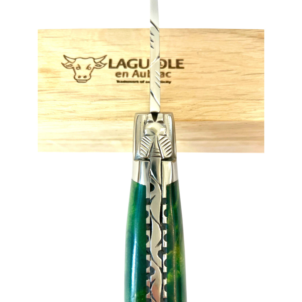 Laguiole en Aubrac Handcrafted Double Plated Multipurpose Knife with Stabilized Green Poplar Burl, 4.75-Inches - LaguioleEnAubracShop