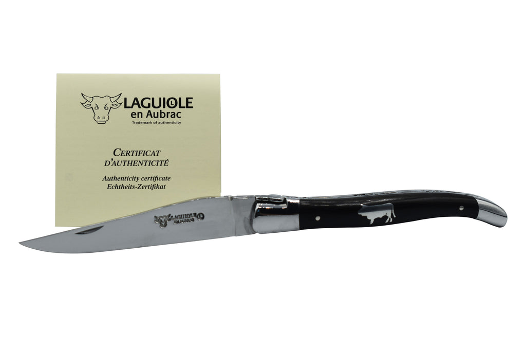 Laguiole en Aubrac Handmade Luxury Plated Multipurpose Knife with Ebony with Inlay Bull, Handle, 4.8-in - LaguioleEnAubracShop