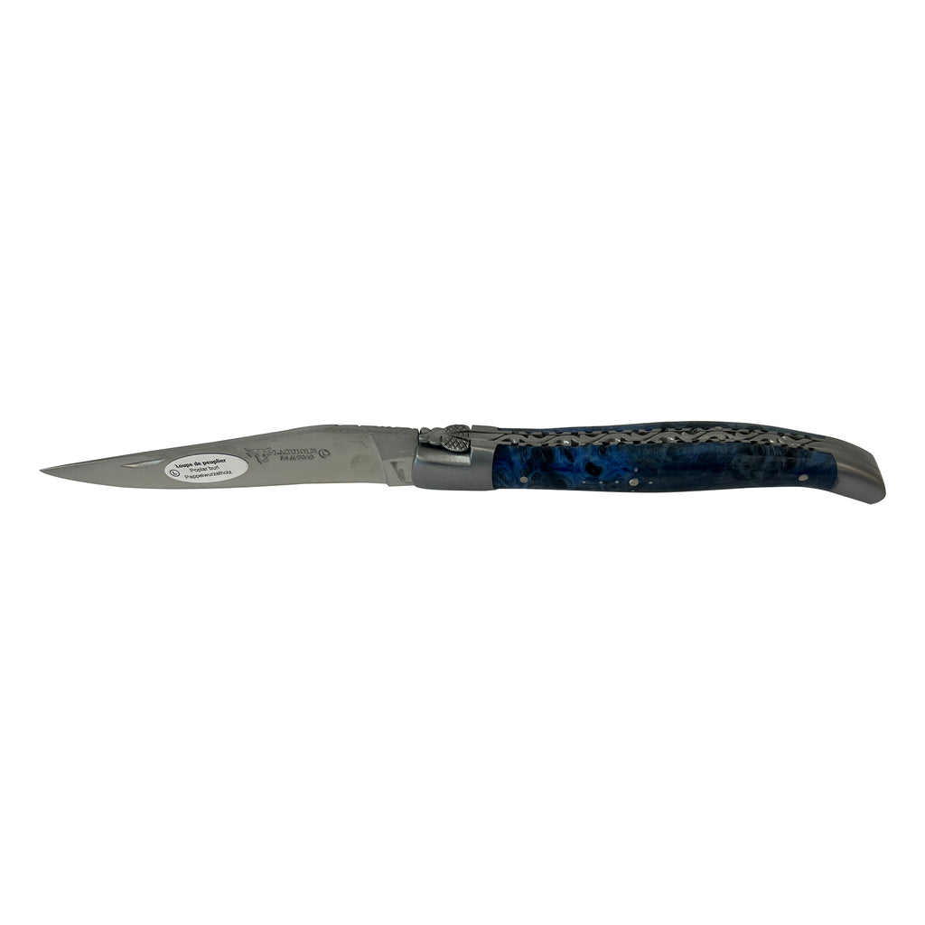 Laguiole en Aubrac Handcrafted Double Plated Multipurpose Knife with Stabilized Blue Poplar Burl Handle, 4.75-Inches - LaguioleEnAubracShop