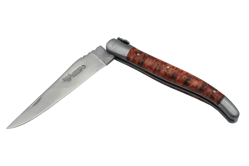Laguiole en Aubrac Handcrafted Plated Multipurpose Knife, Red Poplar Burl Wood Handle, 4.75 inches - LaguioleEnAubracShop
