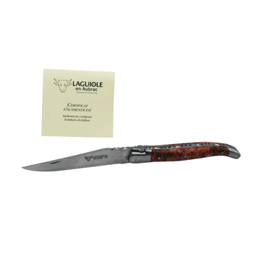 Laguiole en Aubrac Handcrafted Plated Multipurpose Knife, Red Poplar Burl Wood Handle, 4.75 inches - LaguioleEnAubracShop