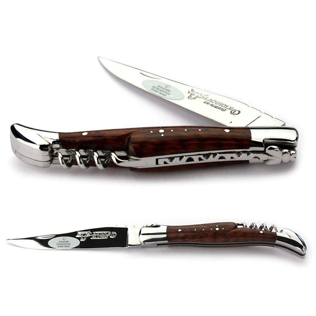 Laguiole en Aubrac Handcrafted Plated Multipurpose Knife with Corkscrew, Amourette / Snakewood Handle, 4.75 inches - LaguioleEnAubracShop