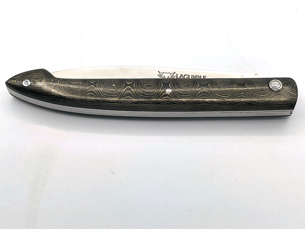 Laguiole en Aubrac Handcrafted Multipurpose Knife, Full Carbon Fiber & Plated Gold Handle, 3-inches - LaguioleEnAubracShop