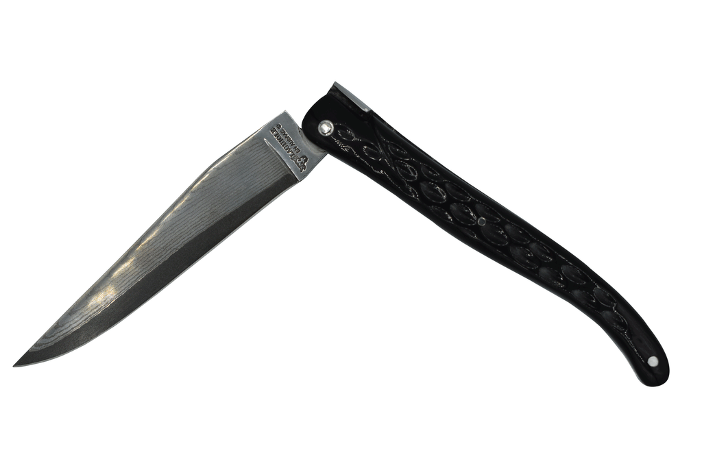Laguiole en Aubrac Handcrafted Plated Damascus Limited Edition Multipurpose Knife, Full Textured Buffalo Horn Handle, 4.75 inches - LaguioleEnAubracShop