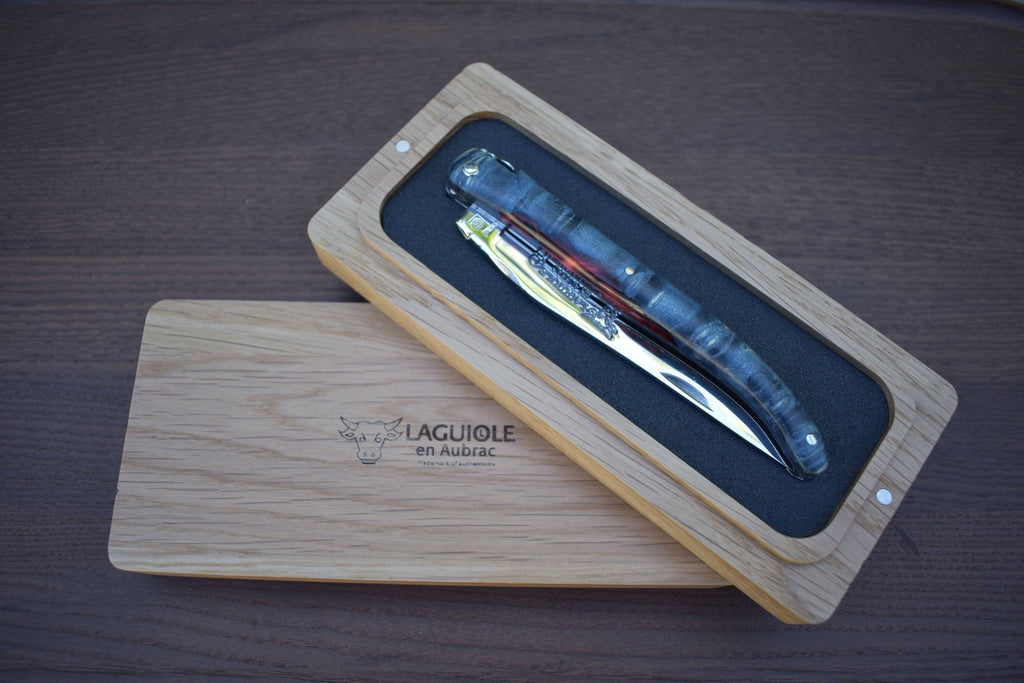 Laguiole en Aubrac Handcrafted Plated Limited Edition Multipurpose Knife, Full Galaxy Root Blue Handle, 4.75 inches - LaguioleEnAubracShop