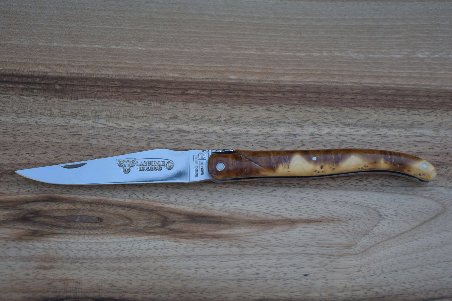 Laguiole en Aubrac Handcrafted Plated Limited Edition Multipurpose Knife, Full Galaxy Root Brown & Cream Handle, 4.75 inches - LaguioleEnAubracShop