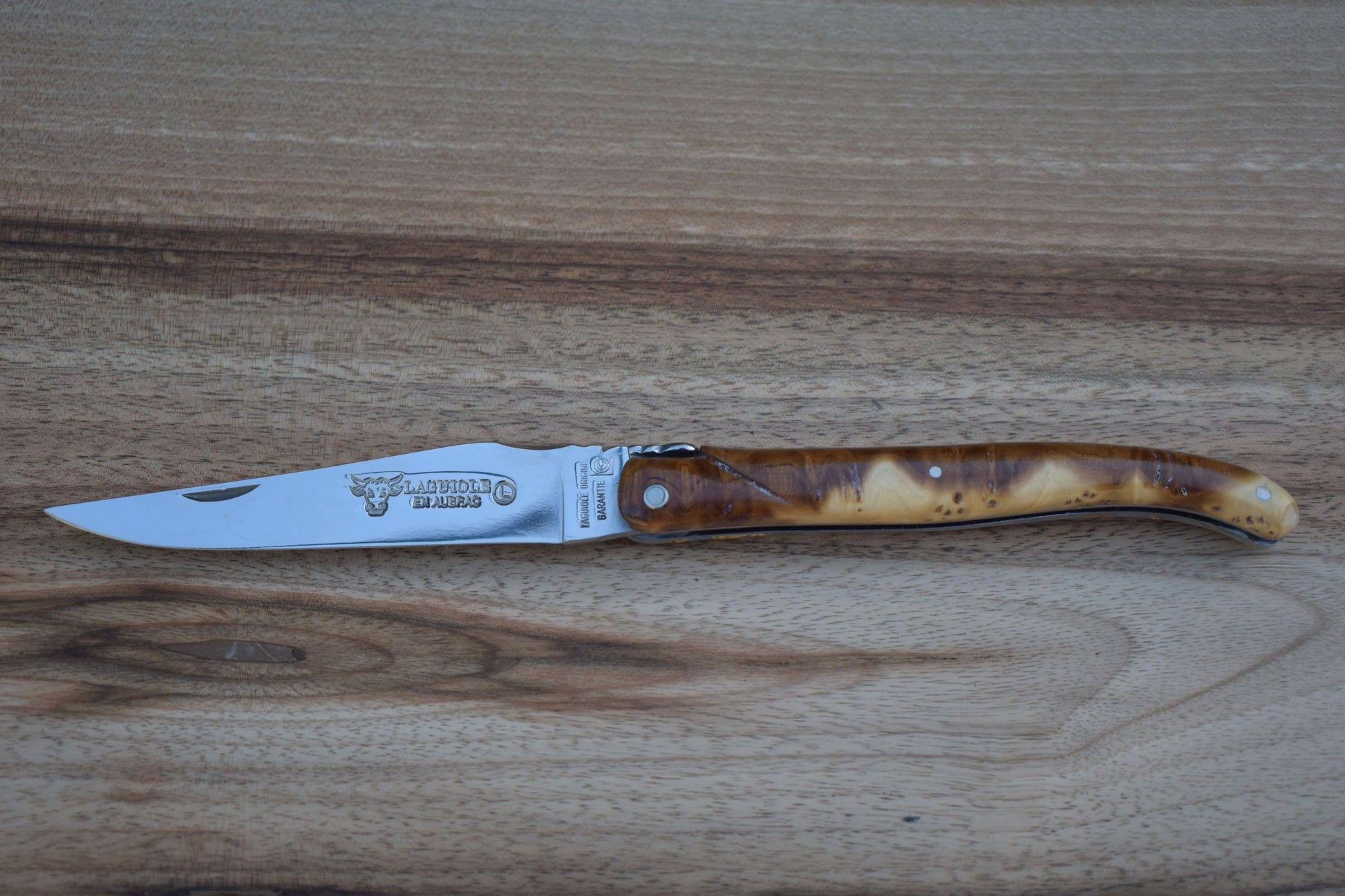 Laguiole en Aubrac Handcrafted Plated Limited Edition Multipurpose Knife, Full Galaxy Root Brown & Cream Handle, 4.75 inches - LaguioleEnAubracShop