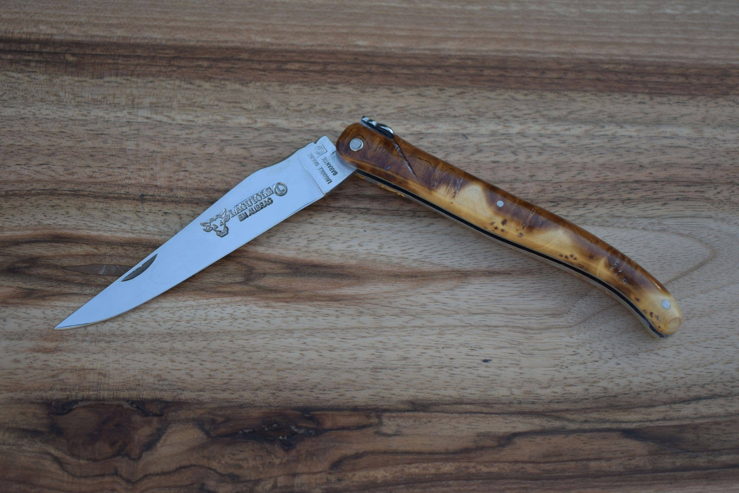 Laguiole en Aubrac Handcrafted Plated Limited Edition Multipurpose Knife, Full Galaxy Root Brown & Cream Handle, 4.75 inches - LaguioleEnAubracShop