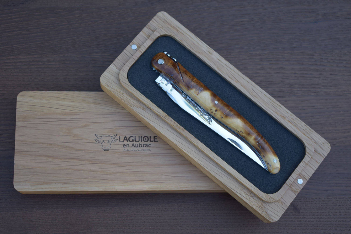 Laguiole en Aubrac Handcrafted Plated Limited Edition Multipurpose Knife, Full Galaxy Root Brown & Cream Handle, 4.75 inches - LaguioleEnAubracShop