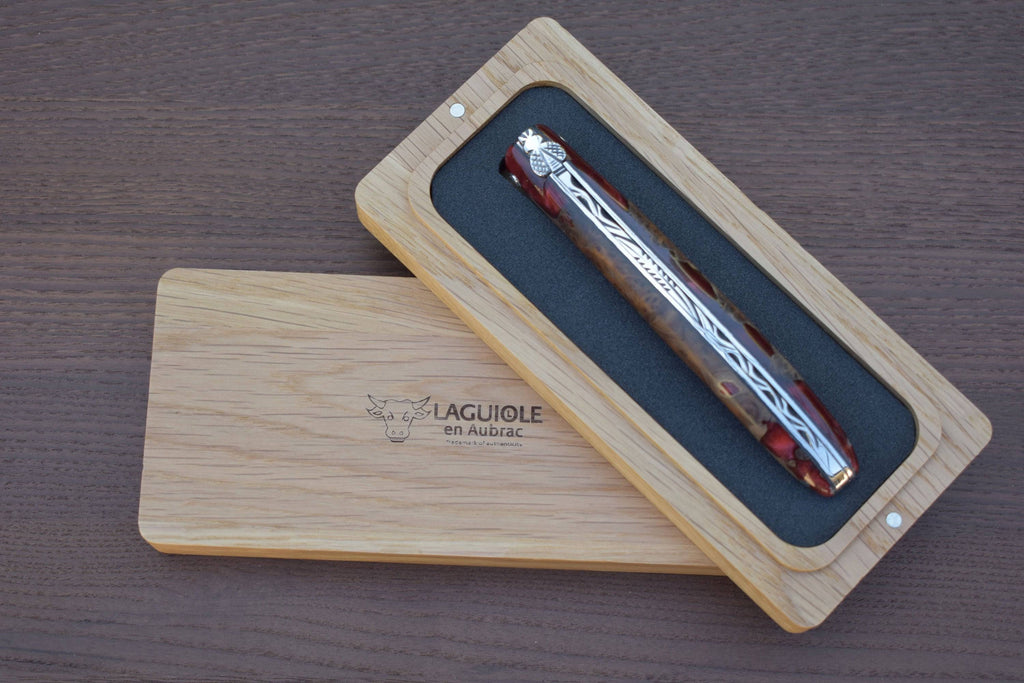 Laguiole en Aubrac Handcrafted Plated Limited Edition Multipurpose Knife, Full Galaxy Root Red Handle, 4.75 inches - LaguioleEnAubracShop
