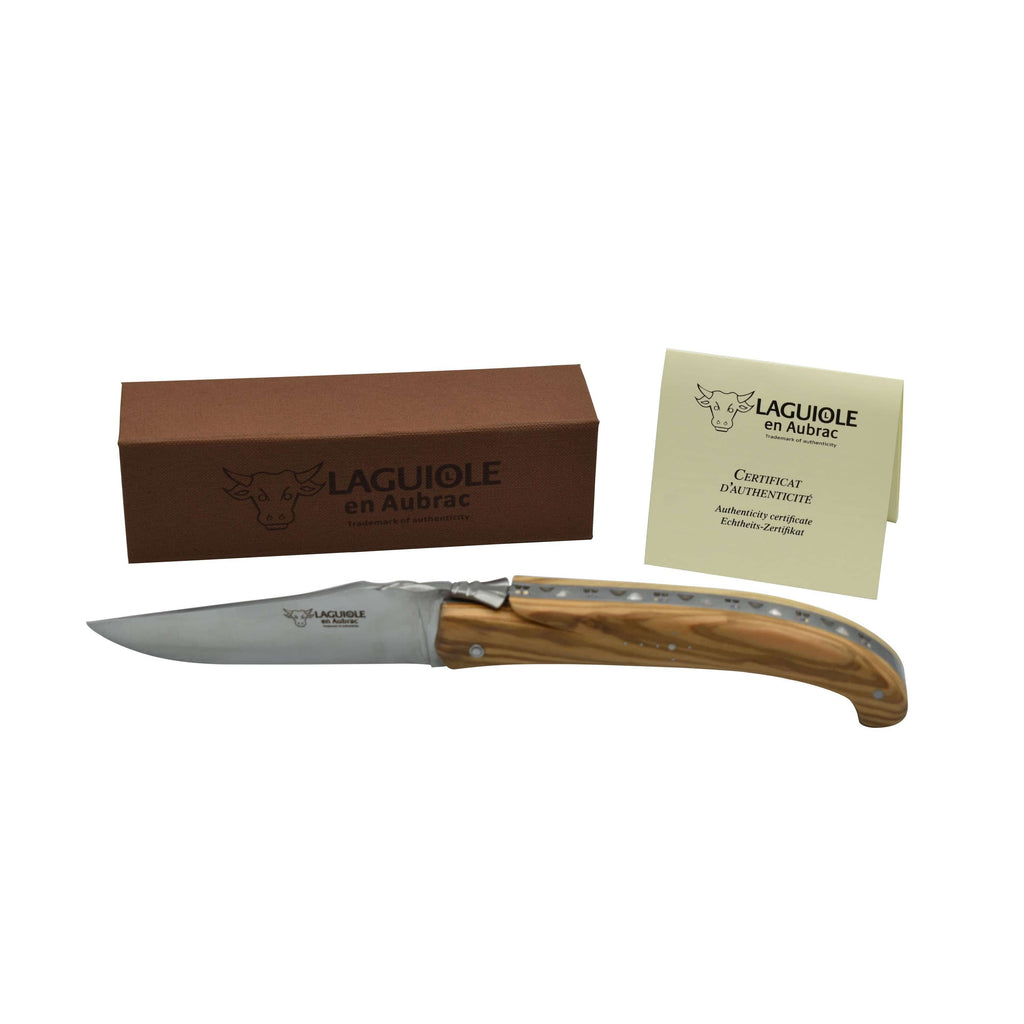 Laguiole en Aubrac ‘The Trapper’ Handmade Luxury Folding Pocket Knife, 5.5-in / 14cm, Olivewood Handle - LaguioleEnAubracShop