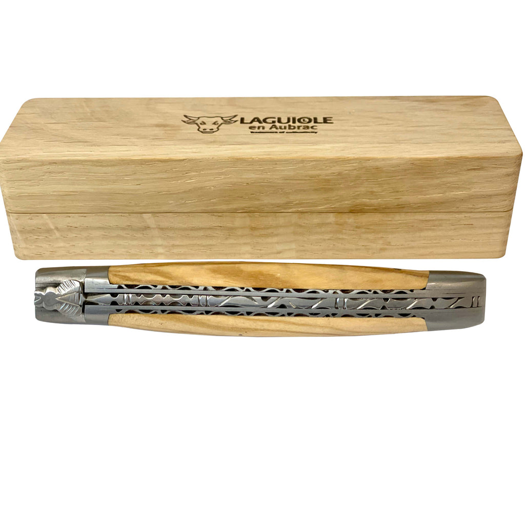 Laguiole en Aubrac Handcrafted Double Plated Multipurpose Knife with Olivewood Handle, 4.75-Inches - LaguioleEnAubracShop