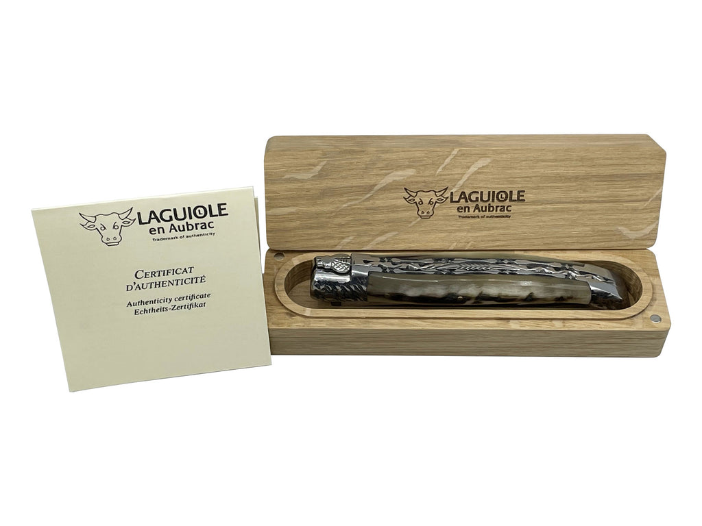 Laguiole en Aubrac Handcrafted Double Plated Multipurpose Knife Stainless Steel Bolsters, Sheep Horn Handle, 4.75 inches - LaguioleEnAubracShop
