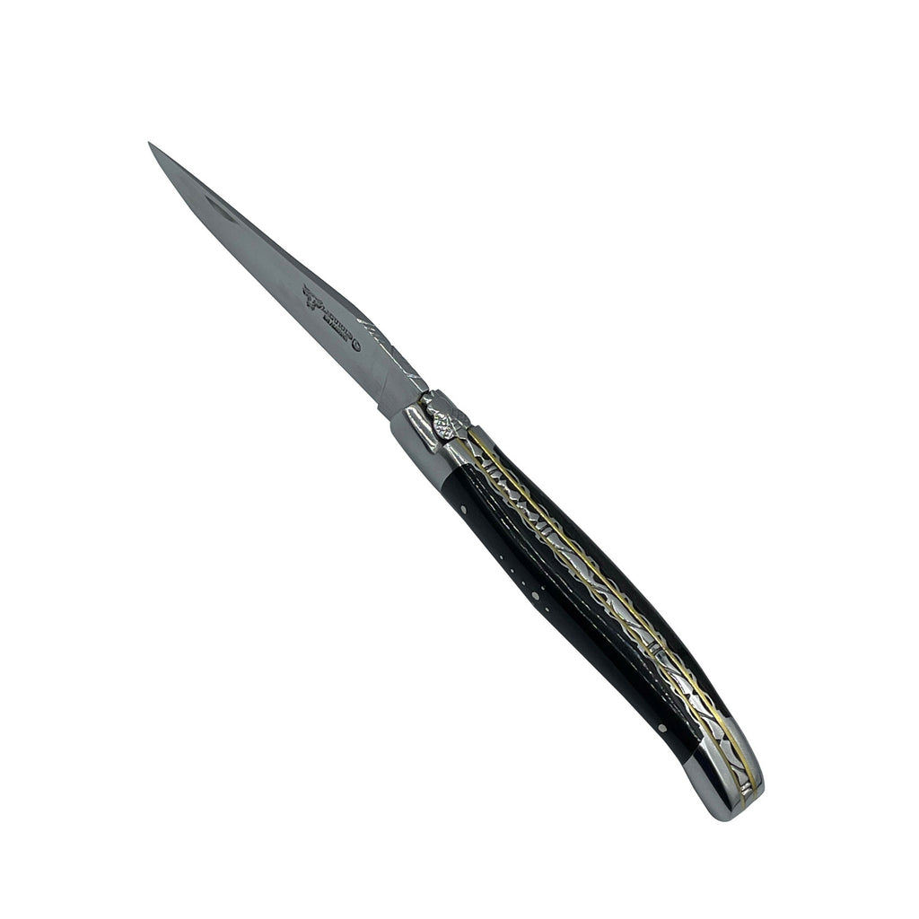 Laguiole en Aubrac Handcrafted Double Brass & Stainless Plates Multipurpose Knife, Buffalo Horn Handle, 4.75 inches - LaguioleEnAubracShop