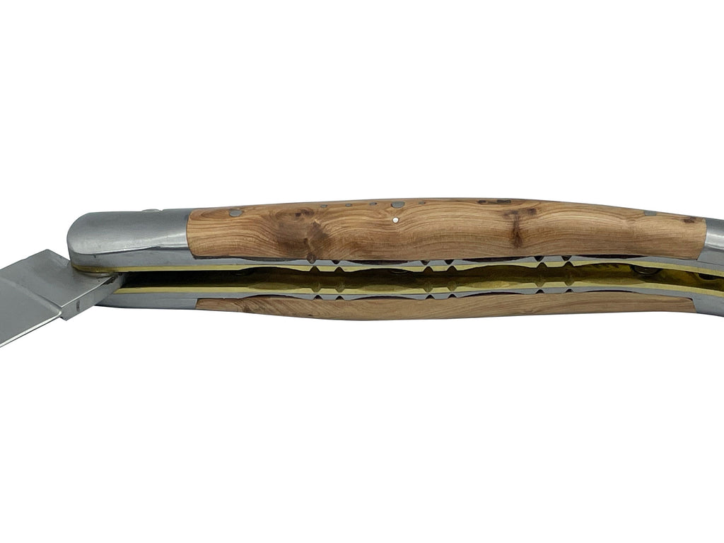 Laguiole en Aubrac Handcrafted Double Brass & Stainless Plates Multipurpose Knife, Juniper Handle, 4.75 inches - LaguioleEnAubracShop