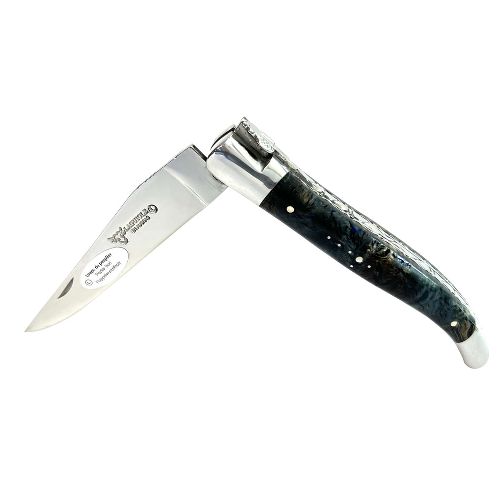Laguiole en Aubrac Handcrafted Luxury Double Plated Multipurpose Knife With Stabilized Blue Poplar Burl Handle,  4.75-Inches - LaguioleEnAubracShop