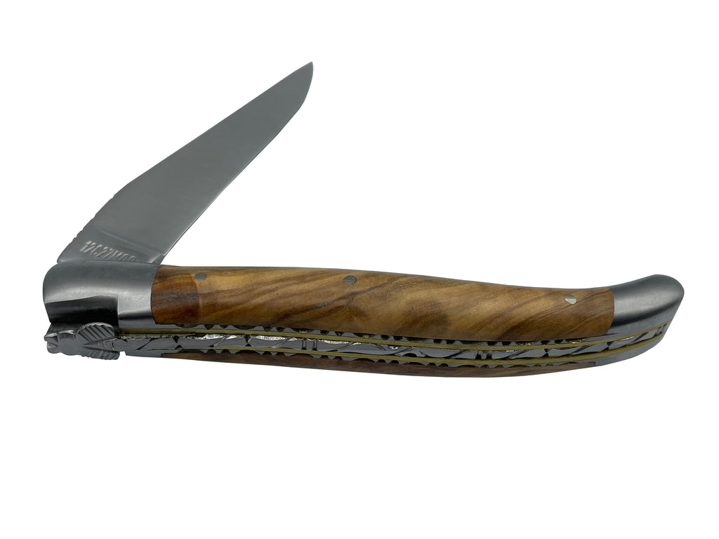 Laguiole en Aubrac Handcrafted Stainless Steel & Brass Double Plated Multipurpose Knife with Shiny Bolsters, Olivewood Handle,  4.75-Inches - LaguioleEnAubracShop