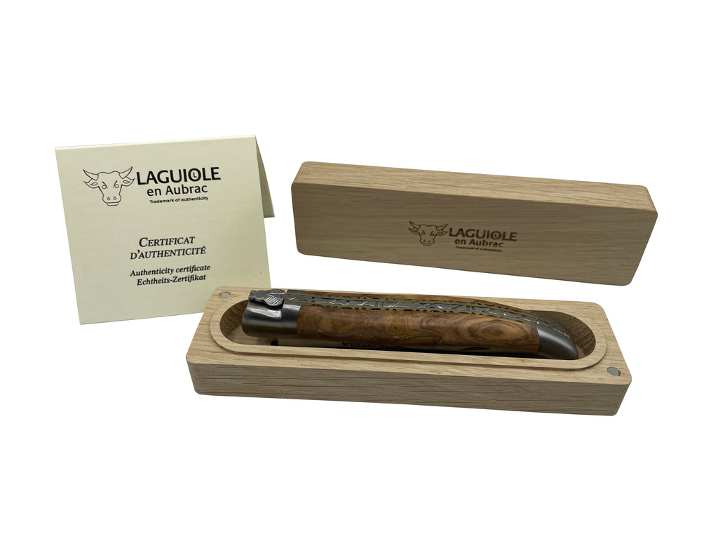 Laguiole en Aubrac Handcrafted Stainless Steel & Brass Double Plated Multipurpose Knife with Shiny Bolsters, Olivewood Handle,  4.75-Inches - LaguioleEnAubracShop