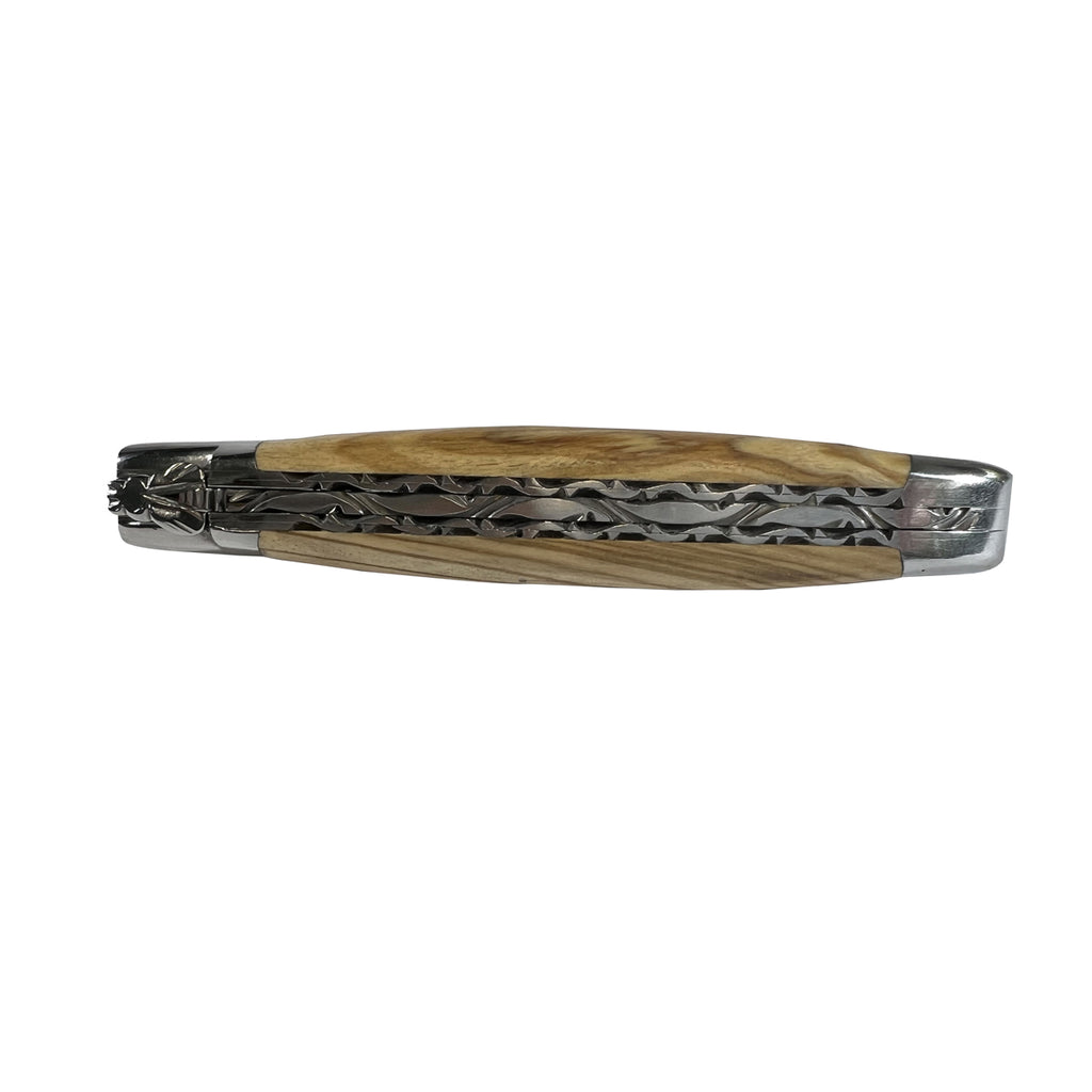 Laguiole en Aubrac Handcrafted Multilayer Damascus Double Plated Multipurpose Knife With Olive Wood Handle, 4.75-Inches - LaguioleEnAubracShop
