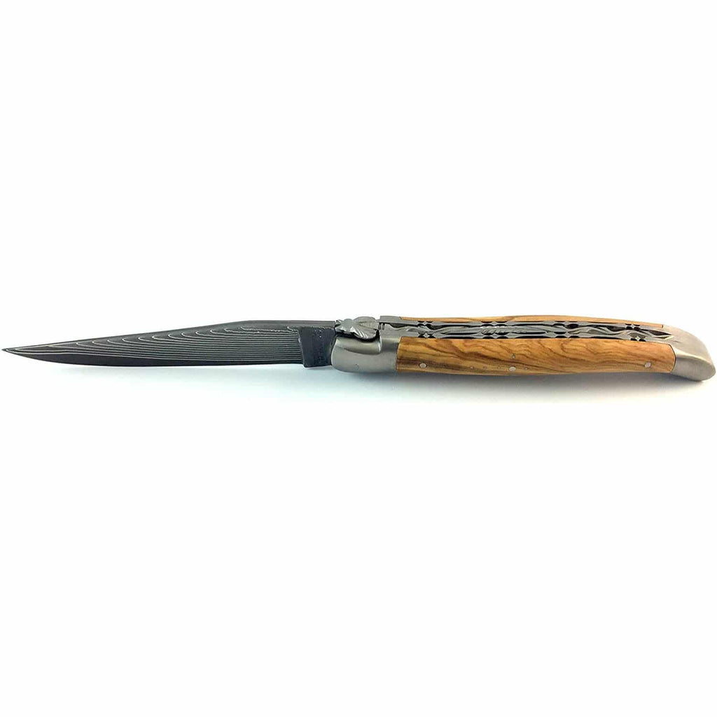 Laguiole en Aubrac Handcrafted Damascus Double Plated Multipurpose Knife with Brushed Bolsters, Olive Wood Handle, 4.75 inches - LaguioleEnAubracShop