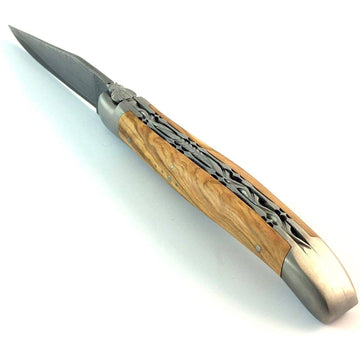 Laguiole en Aubrac Handcrafted Damascus Double Plated Multipurpose Knife with Brushed Bolsters, Olive Wood Handle, 4.75 inches - LaguioleEnAubracShop