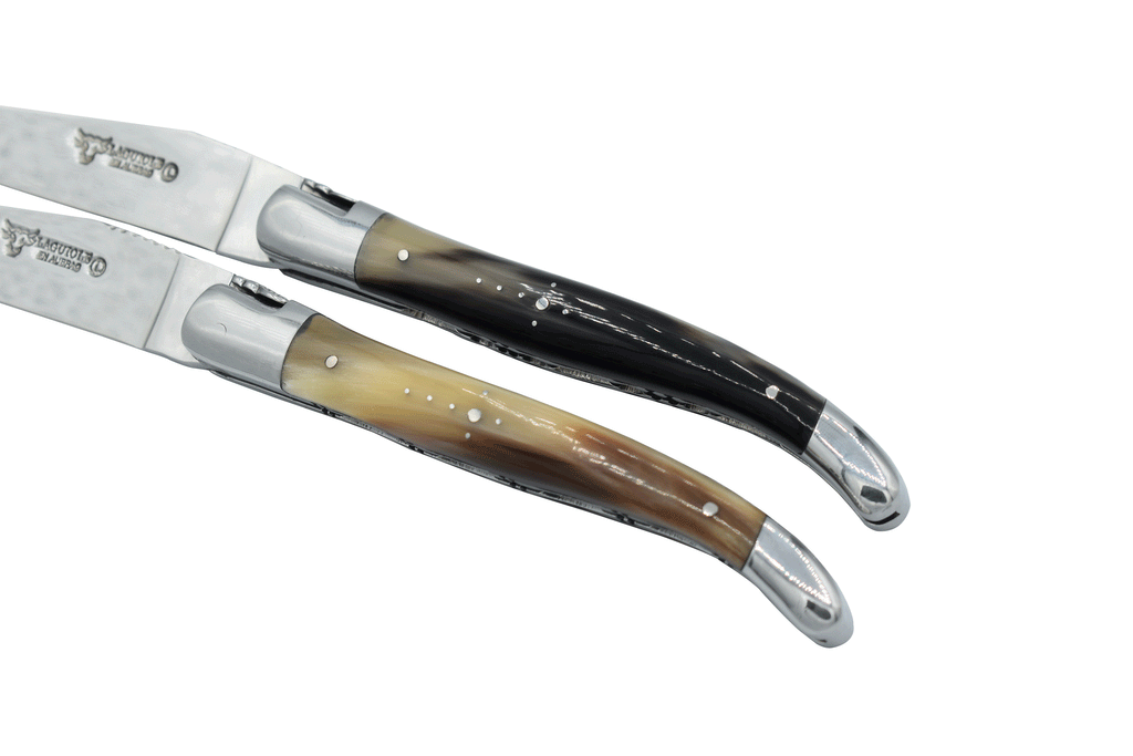 Laguiole en Aubrac Handcrafted Double Plated Multipurpose Knife Stainless Steel Bolsters, Flame Solid Horn Handle, 4.75 inches - LaguioleEnAubracShop