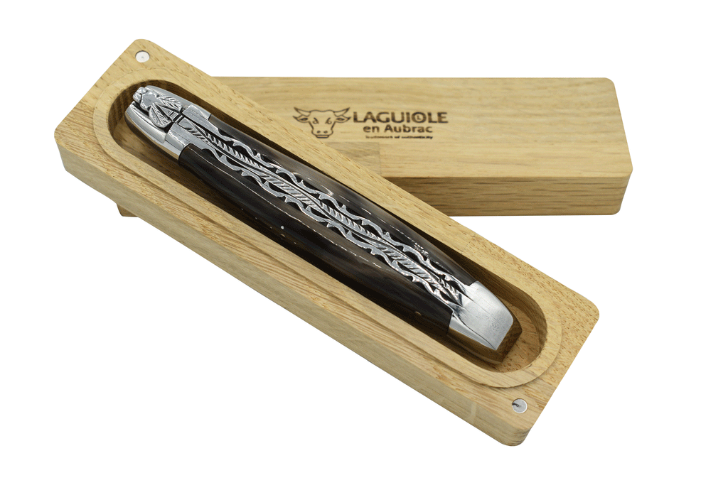 Laguiole en Aubrac Handcrafted Damascus Double Plated Multipurpose Knife with Shiny Bolsters, Solid Horn Handle, 4.75 inches - LaguioleEnAubracShop