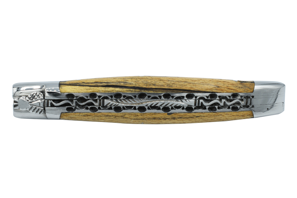 Laguiole en Aubrac Handcrafted Damascus Double Plated Multipurpose Knife with Shiny Bolsters, Aubrac Wood Handle, 4.75 inches - LaguioleEnAubracShop