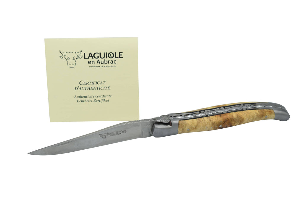 Laguiole en Aubrac Brushed Handcrafted Luxury Double Plated Multipurpose Knife with Poplar Burl Handle,  4.75-inches - LaguioleEnAubracShop