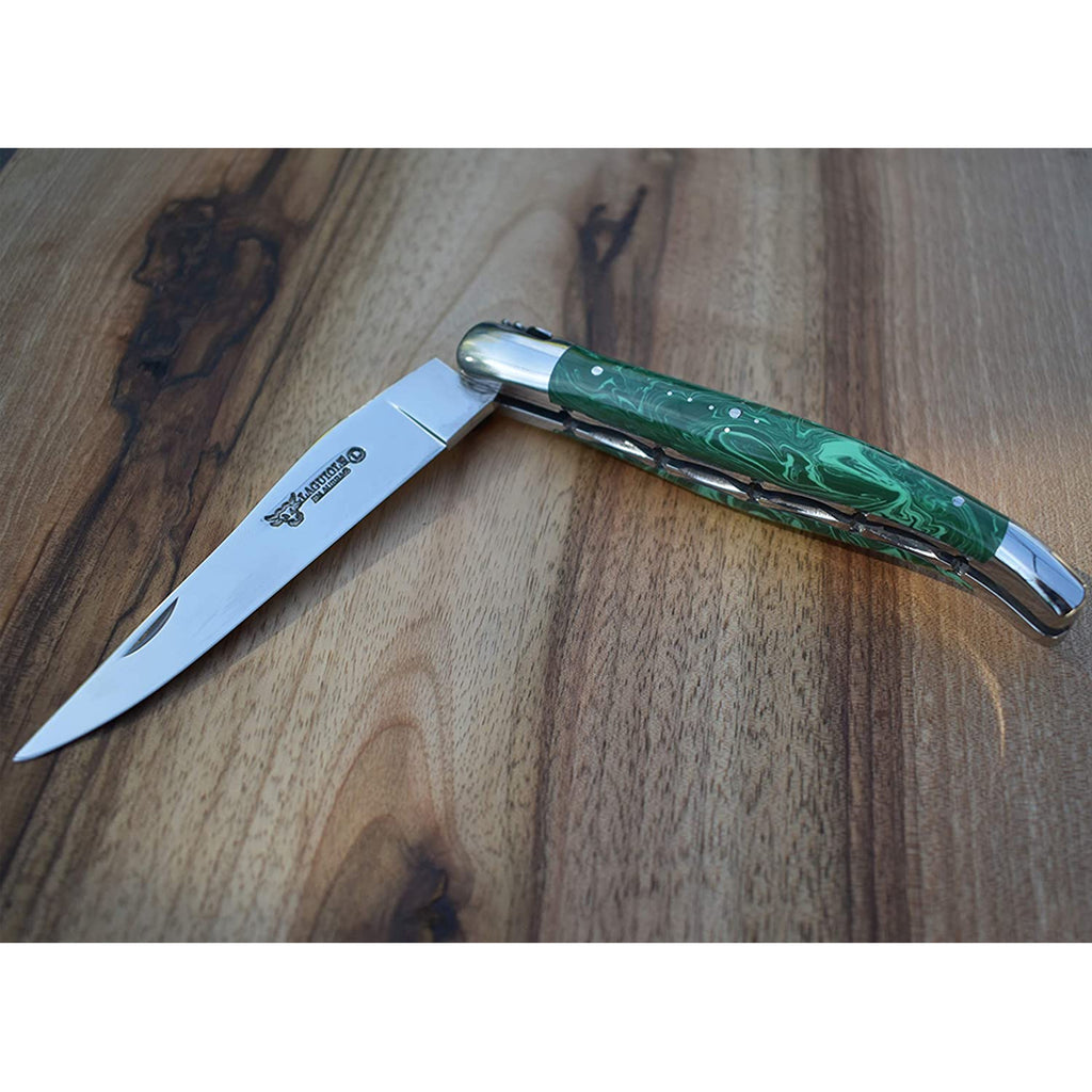 Laguiole en Aubrac Handcrafted Luxury Double Plated Folding Pocket Knife With Malachite Handle, 4.8-Inches - LaguioleEnAubracShop