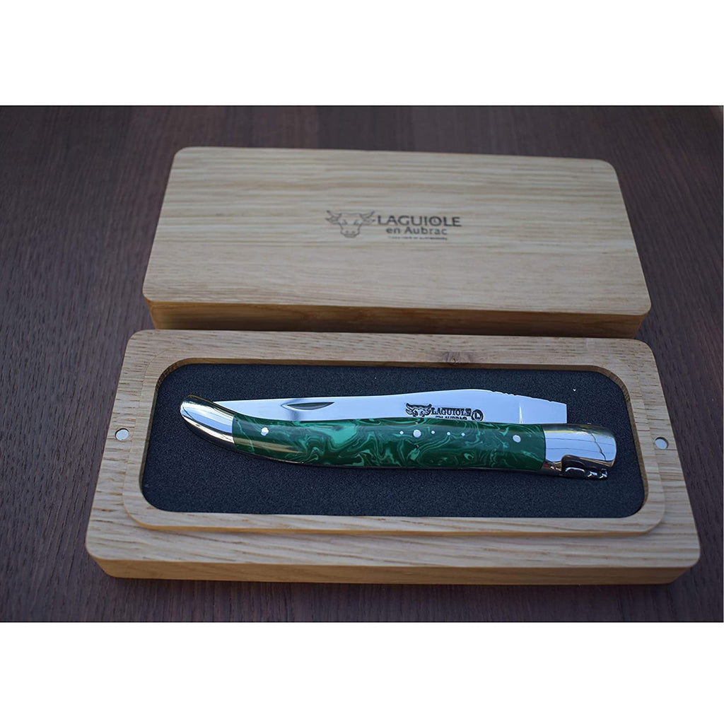 Laguiole en Aubrac Handcrafted Luxury Double Plated Folding Pocket Knife With Malachite Handle, 4.8-Inches - LaguioleEnAubracShop