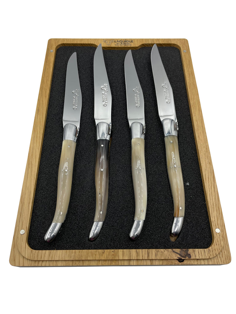 Laguiole en Aubrac Handcrafted Plated 4-Piece Steak Knife Set with Solid Horn Handles - LaguioleEnAubracShop
