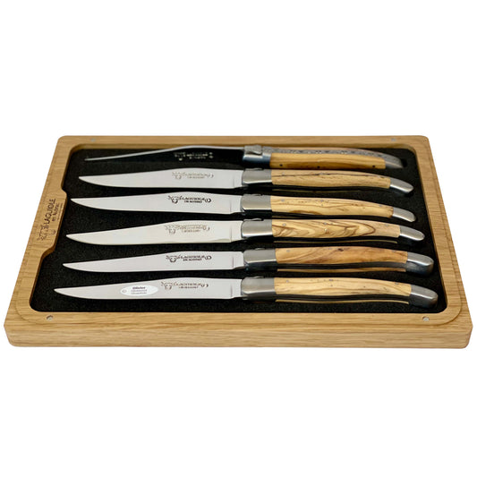 Laguiole en Aubrac Handcrafted Plated 6-Piece Steak Knife Set with Olivewood Handles - LaguioleEnAubracShop