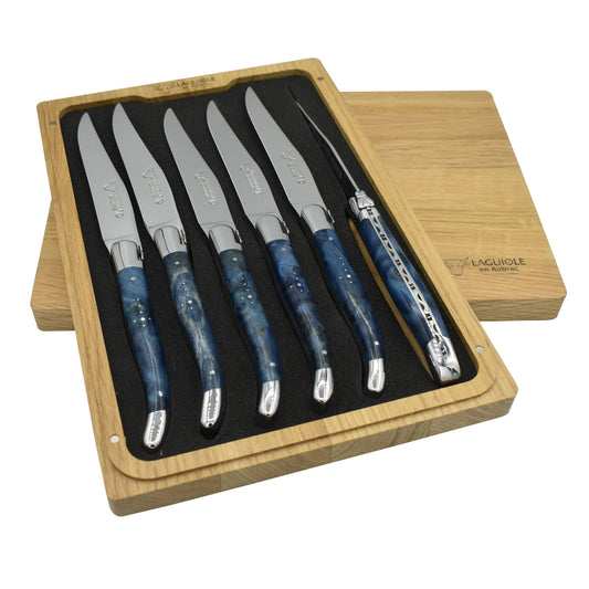Laguiole en Aubrac Handcrafted Polished Plated 6-Piece Steak Knife Set with Blue Poplar Burl Handles - LaguioleEnAubracShop
