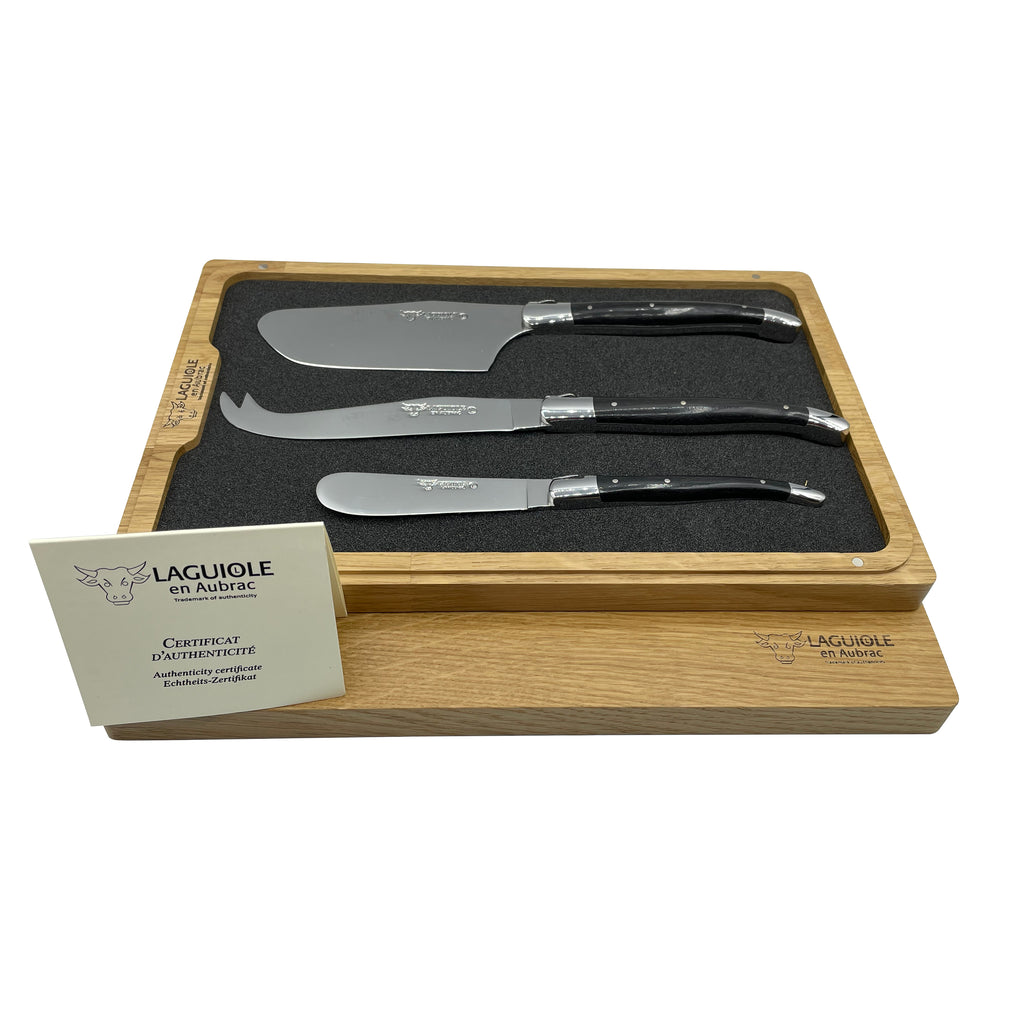Laguiole en Aubrac Handcrafted 3-Piece Cheese Knife Set with Ebony Wood Handles - LaguioleEnAubracShop