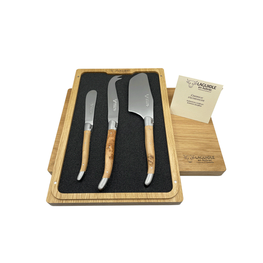 Laguiole en Aubrac Handcrafted 3-Piece Cheese Knife Set with Juniper Wood Handles - LaguioleEnAubracShop