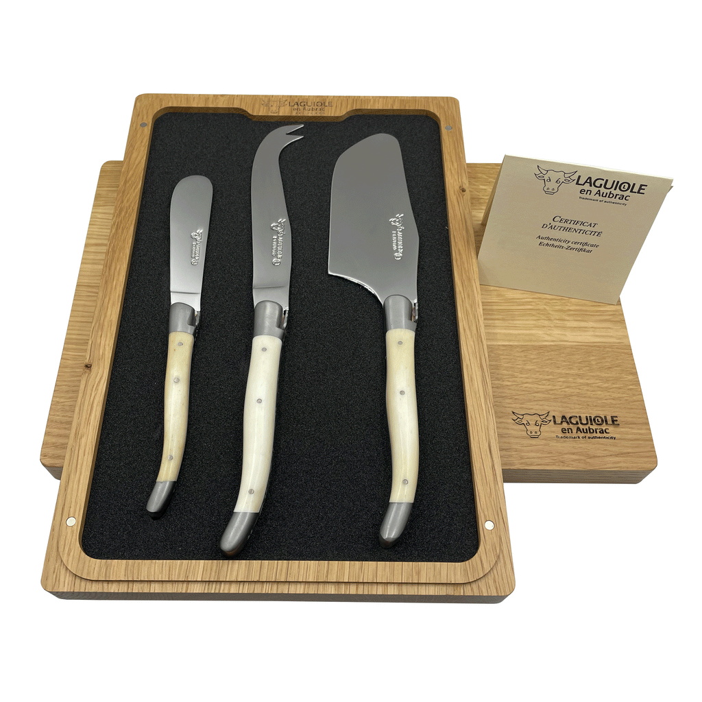 Laguiole en Aubrac Handcrafted 3-Piece Cheese Knife Set with Bone Handles - LaguioleEnAubracShop