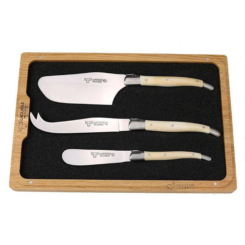 Laguiole en Aubrac Handcrafted 3-Piece Cheese Knife Set with Bone Handles - LaguioleEnAubracShop