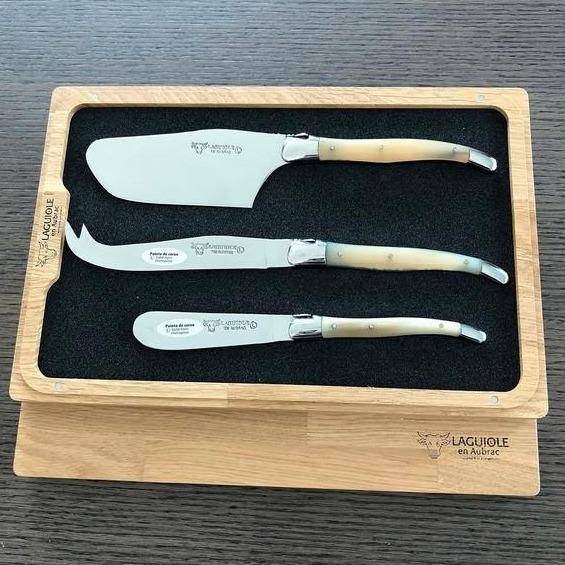 Laguiole en Aubrac Handcrafted 3-Piece Cheese Knife Set with Solid Horn Handles - LaguioleEnAubracShop