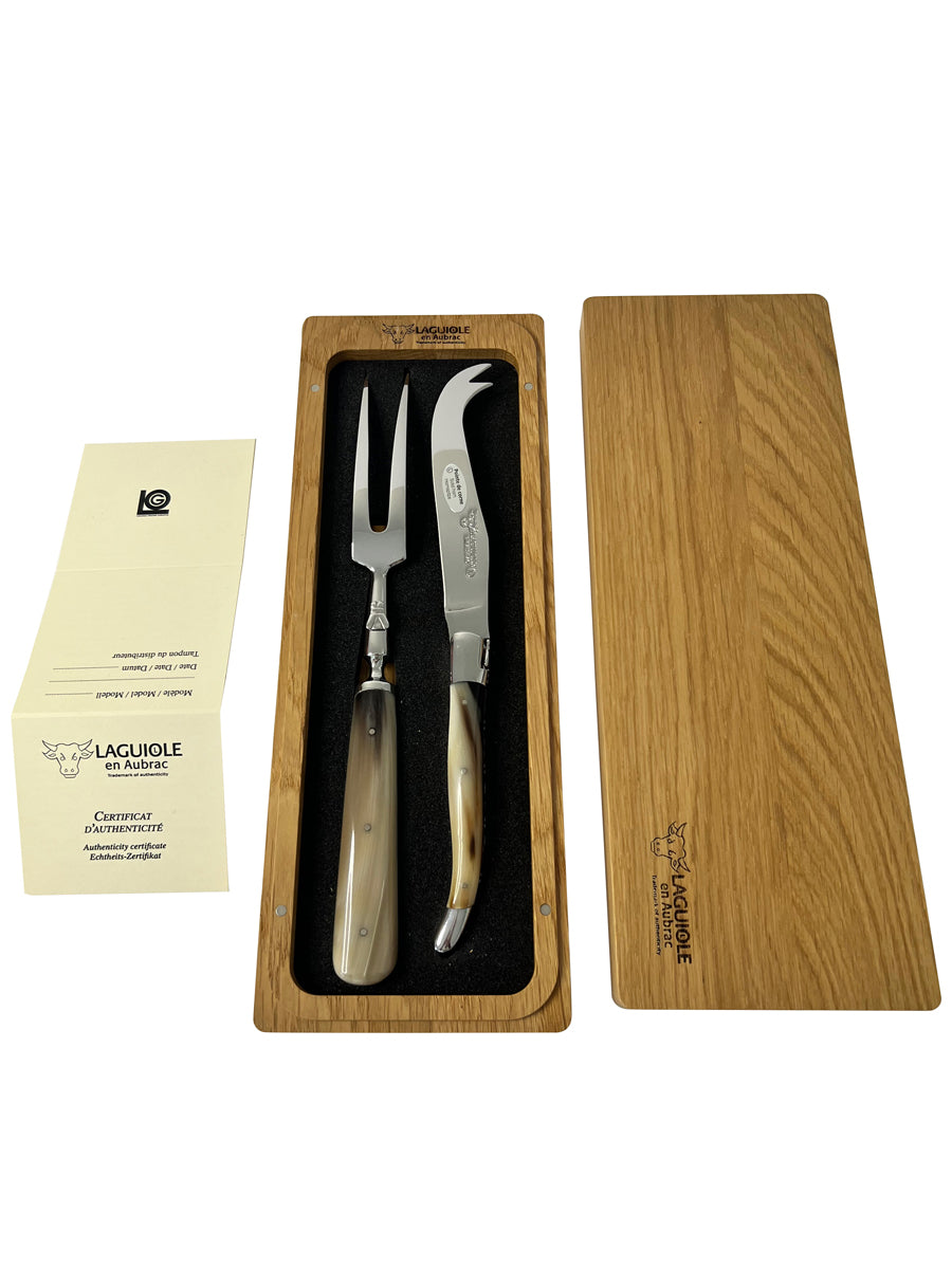 Laguiole en Aubrac Handcrafted 2-Piece Cheese Knife Set with Solid Horn Handles - LaguioleEnAubracShop